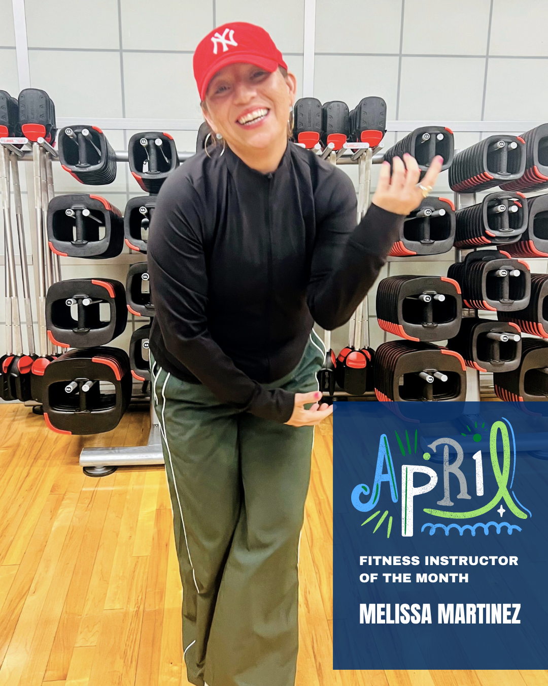 A smiling fitness instructor in a cap poses in a gym, highlighted as "Fitness Instructor of the Month" for April.