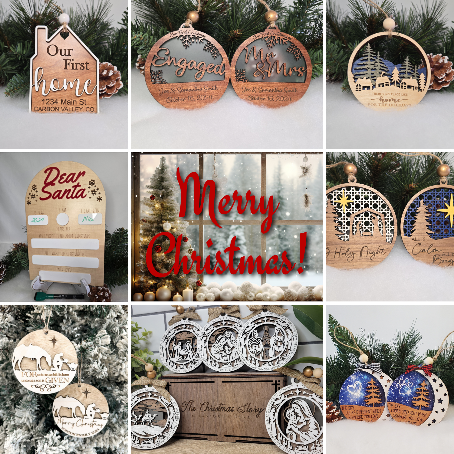 Christmas-themed ornaments and decorations, including personalized items, "Merry Christmas" message, and a "Dear Santa" board.