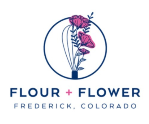 A logo for "Flour + Flower," located in Frederick, Colorado, featuring flowers and a modern design.