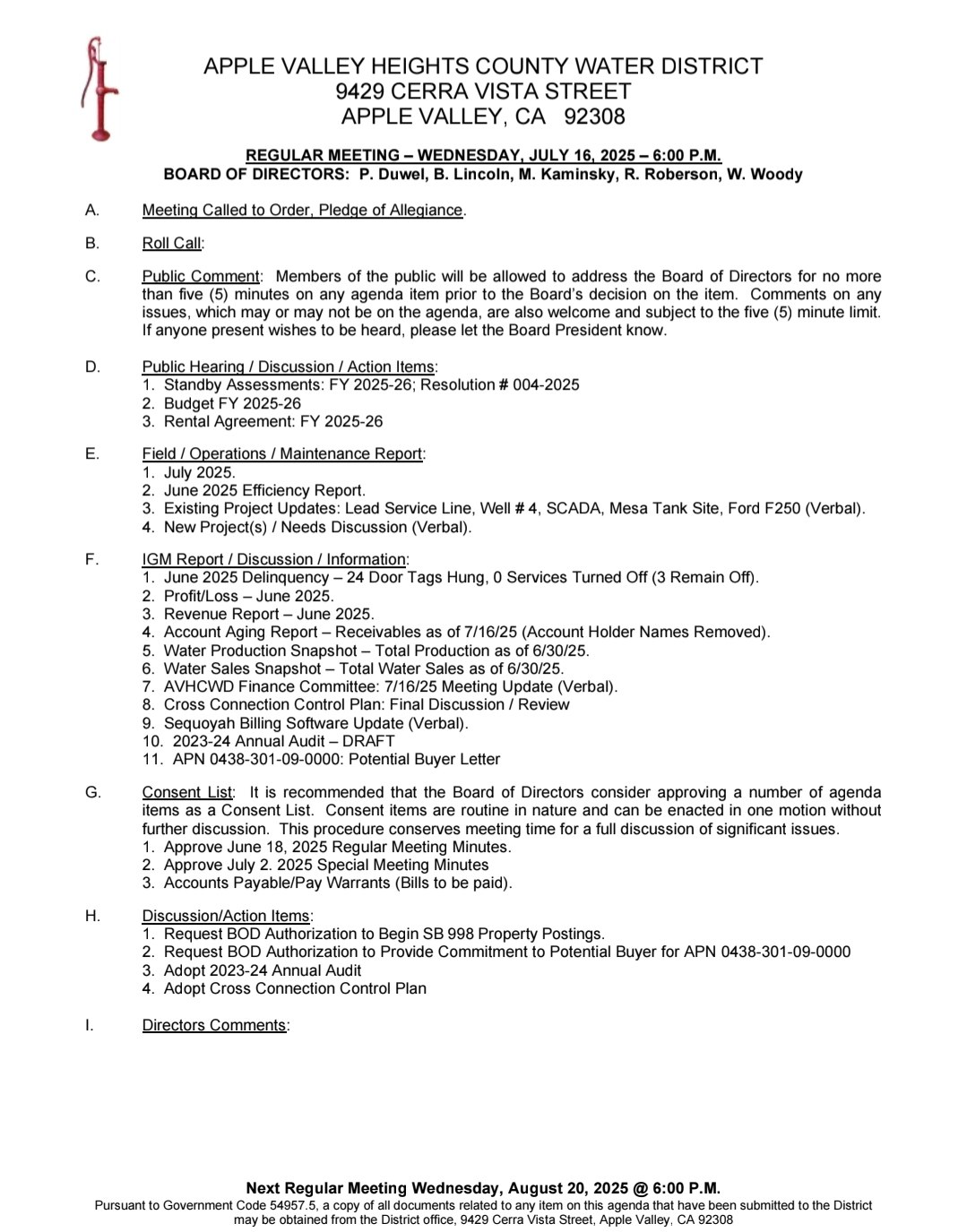 Agenda for Apple Valley Heights County Water District meeting on July 16, 2025, covering reports, consents, and discussions.