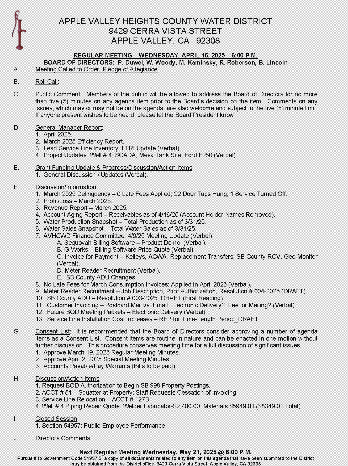 Agenda for Apple Valley Heights County Water District meeting on April 16, 2025, covering reports, discussions, and action items.