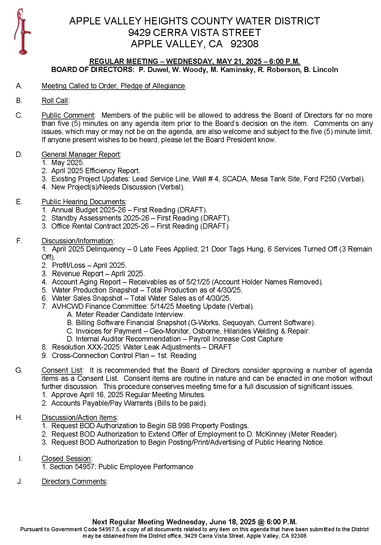 Apple Valley Heights Water District agenda for May 21, 2025, covering reports, budgets, hearings, and action items.