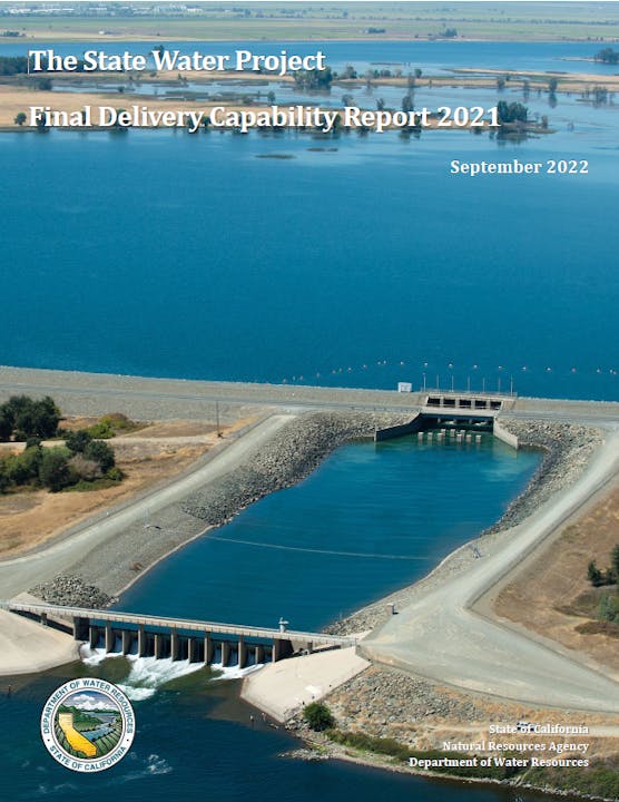 A water report cover featuring an aerial view of a dam or water control structure with surrounding water and land.