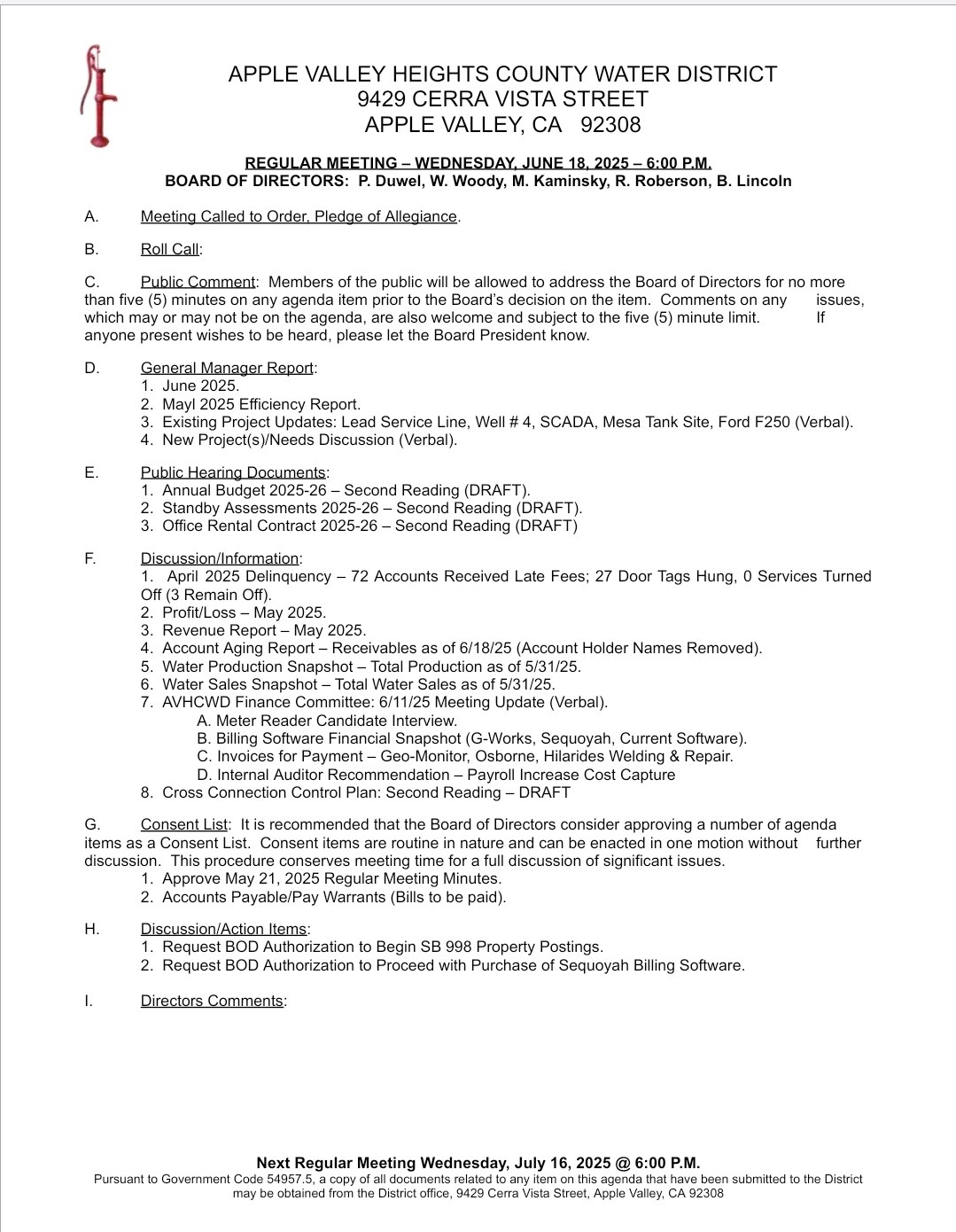 Agenda for a water district meeting on June 18, 2025, covering reports, budgets, and discussion items. Next meeting: July 16, 2025.