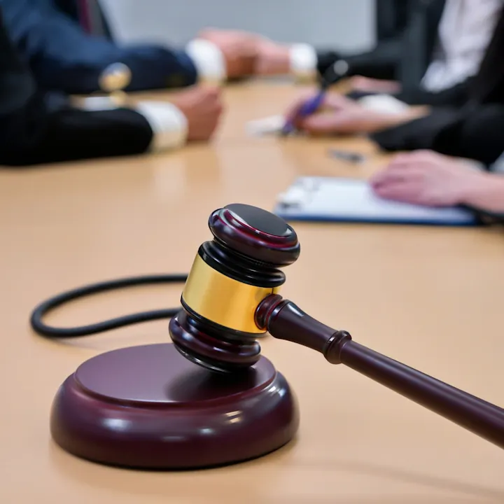 A gavel in focus on a desk, with out-of-focus people in a meeting background.