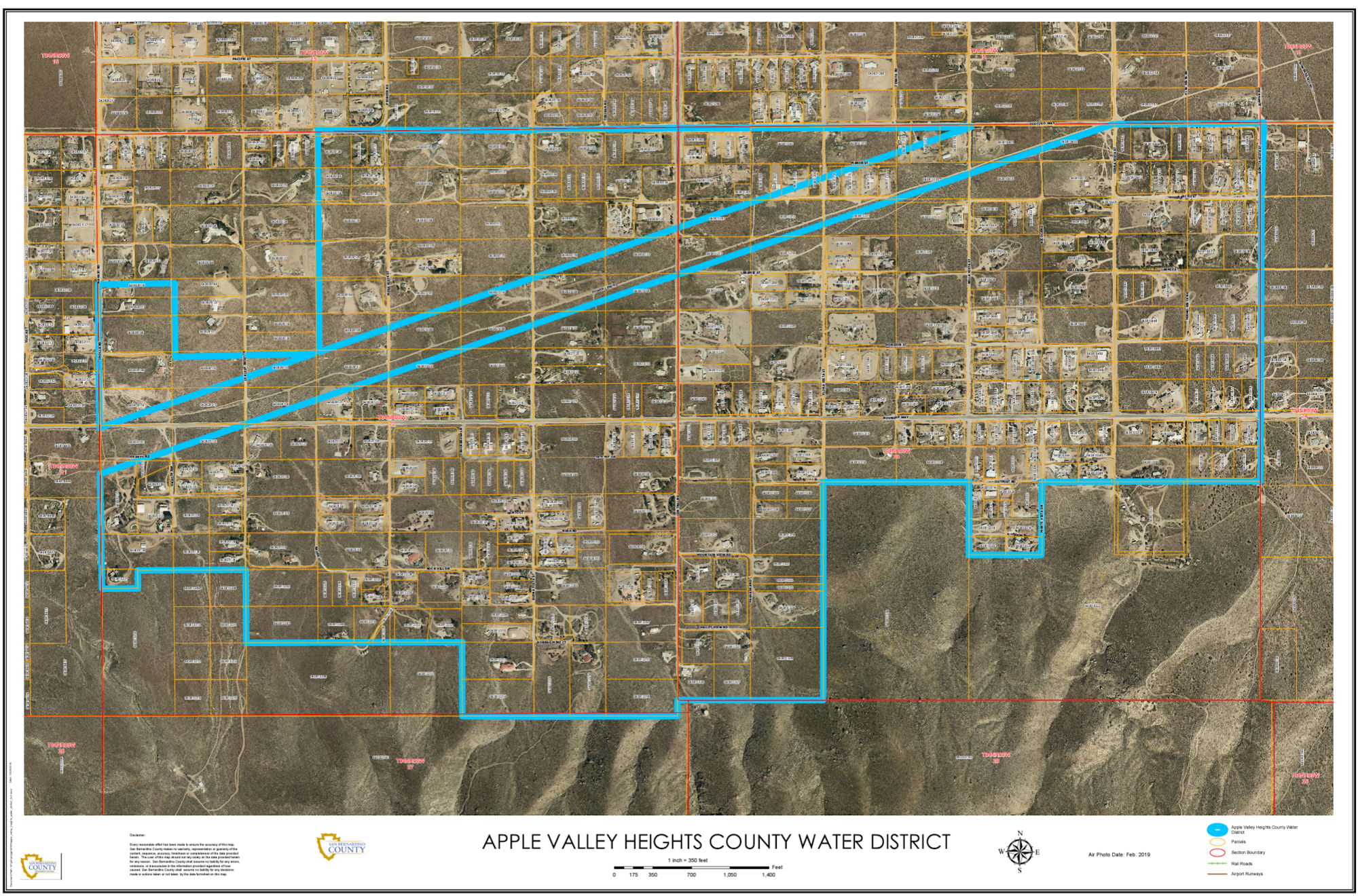 This is an aerial map of Apple Valley Heights County Water District with marked boundaries and plots.