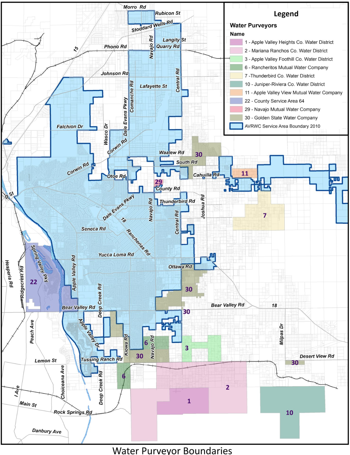 A map showing water purveyor boundaries with a legend for different districts.