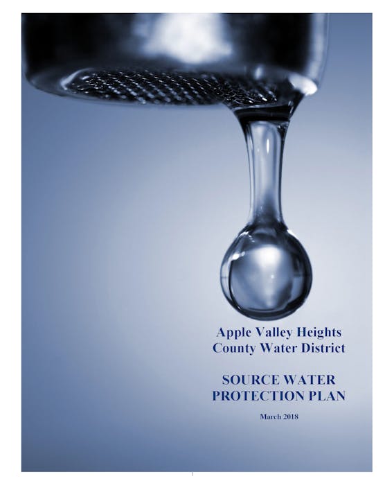 Water droplet falling from a faucet on a document cover for "Source Water Protection Plan".