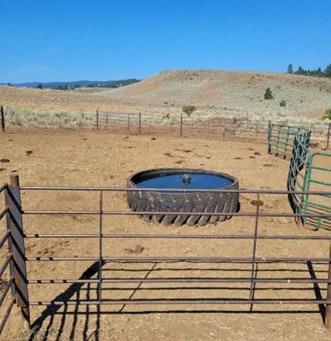 A dry, barren paddock with a cattle watering trough made from a tire, surrounded by fencing and a hilly background.