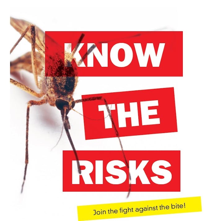 Close-up of a mosquito with text "KNOW THE RISKS" and a slogan "Join the fight against the bite!"