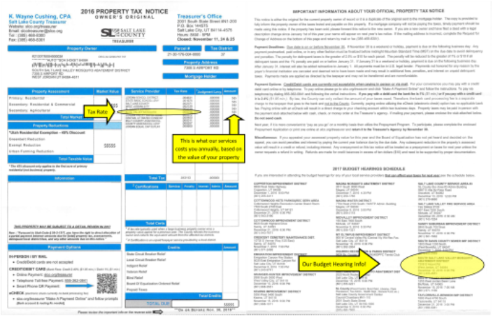 A property tax notice document with annotations and highlights explaining tax calculations.