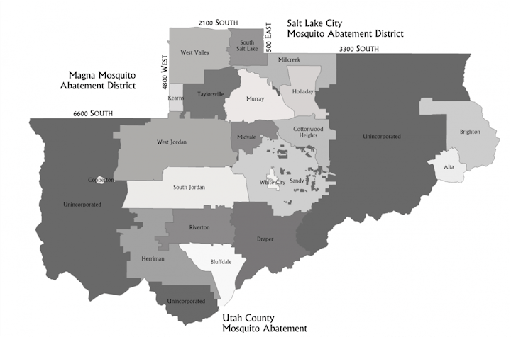 Map showing mosquito abatement districts in a region with labeled areas.