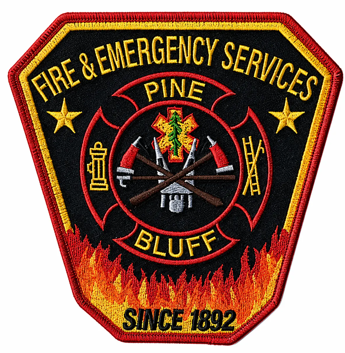 A patch for Pine Bluff Fire & Emergency Services, featuring symbols like axes and a fire hydrant, established in 1892.