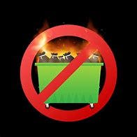 A dumpster on fire with a red prohibition sign over it.