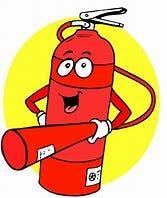 A cartoon fire extinguisher with arms, smiling, against a yellow circle background.