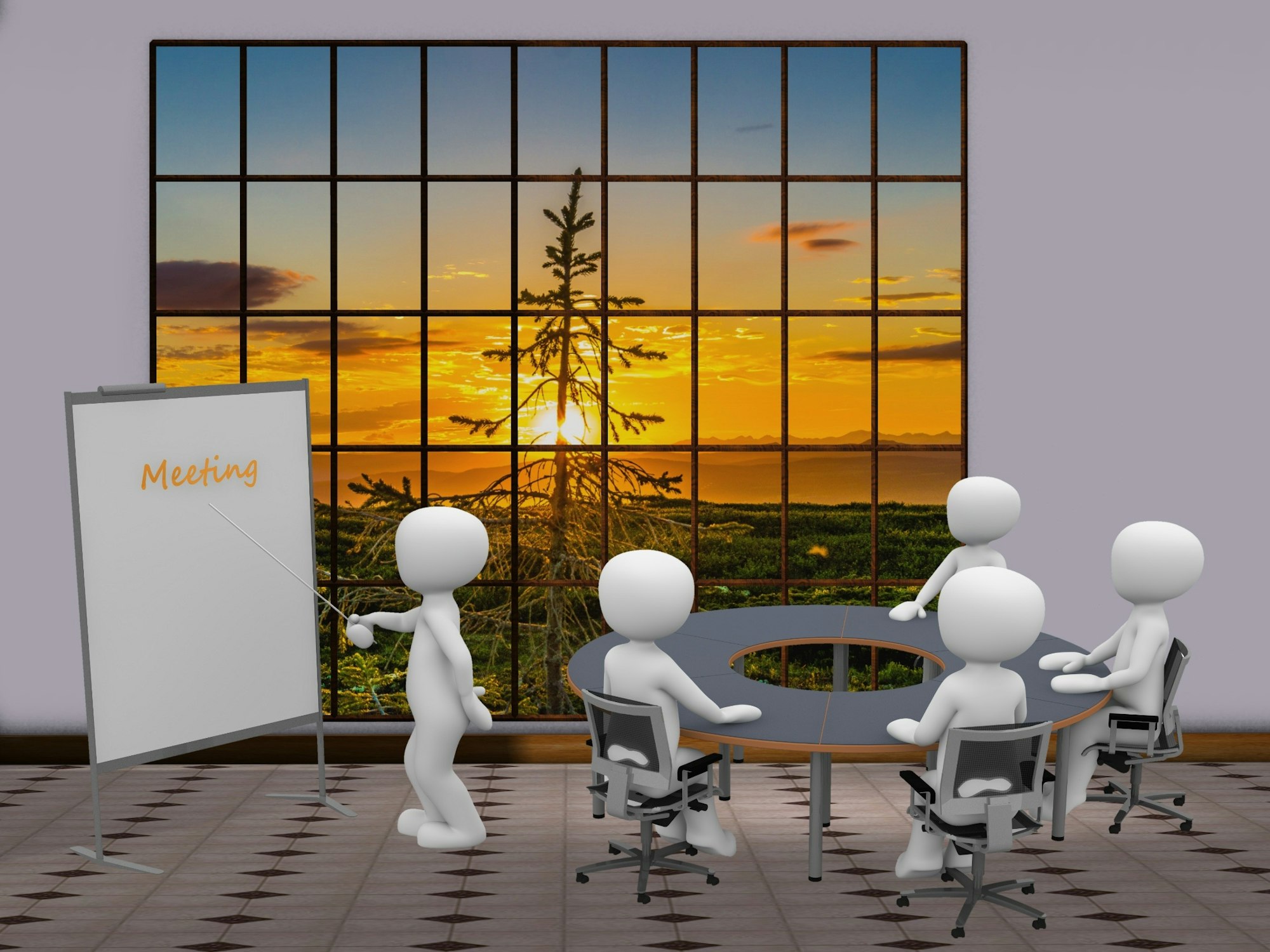 A meeting room with four figures seated at a round table, while one presents to a whiteboard with a sunset view outside.