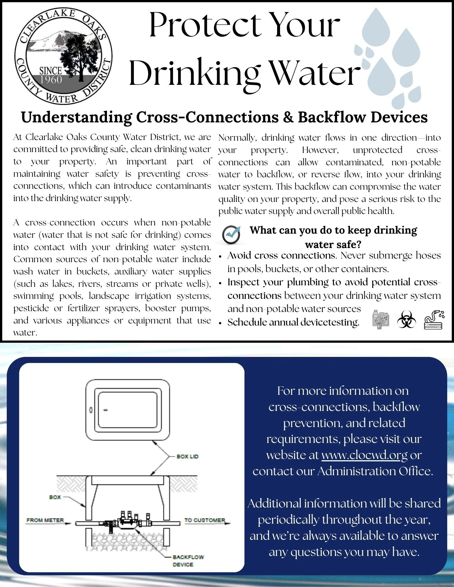 Infographic about protecting drinking water by preventing cross-connections, with tips on safety measures and device testing from Clearlake Oaks.