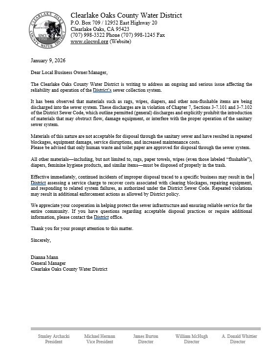 The letter addresses improper disposal of non-flushable items in the sewer system, urging compliance with disposal regulations.