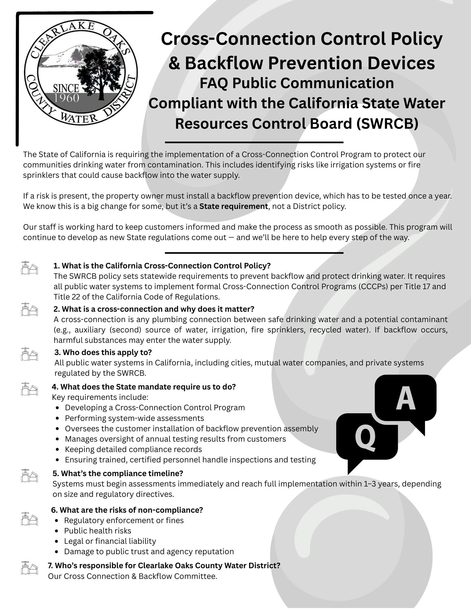 FAQ on Cross-Connection Control & Backflow Prevention per California regulations, including policies, risks, compliance, and responsibilities.