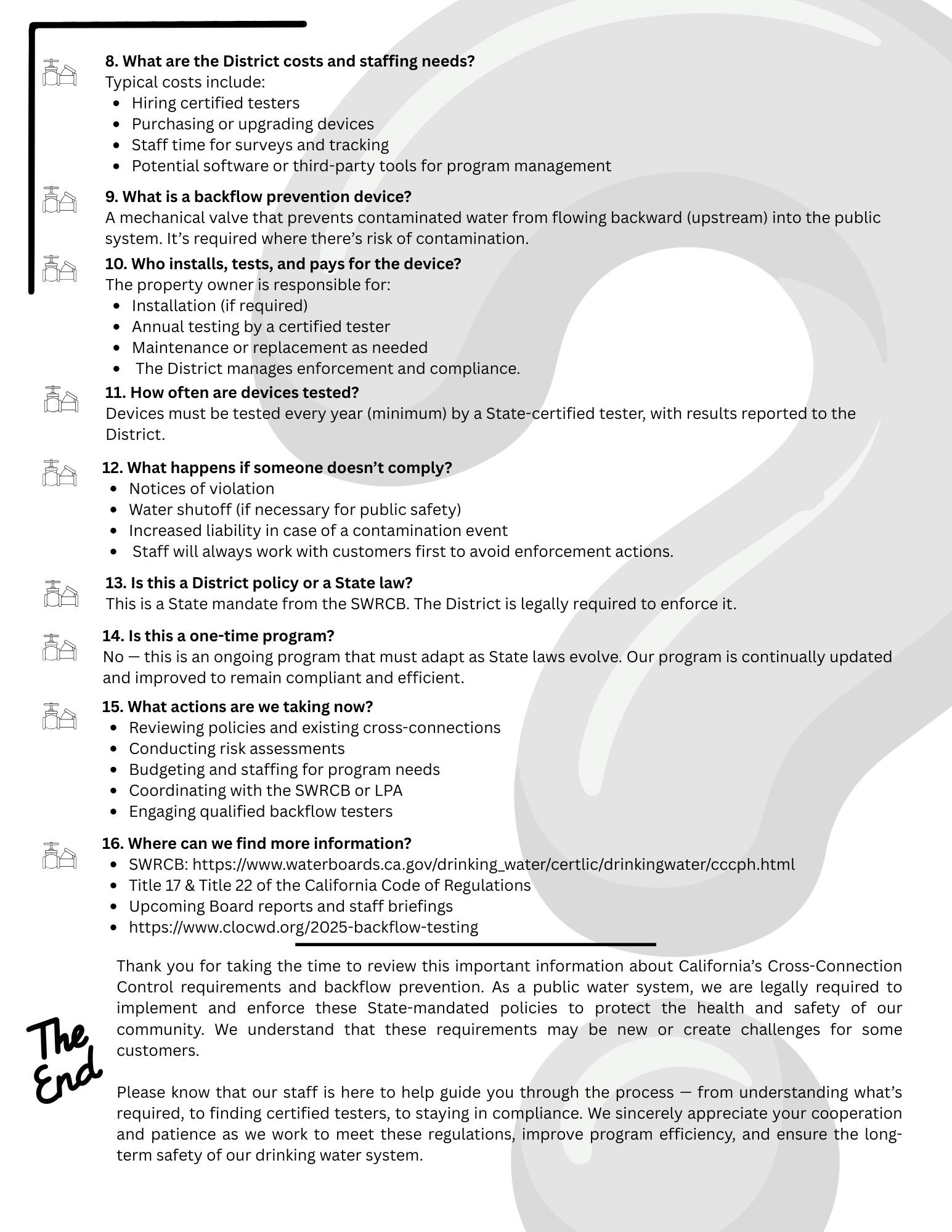 Text about district costs for backflow prevention, device testing, compliance, and actions related to California's Cross-Connection Control.