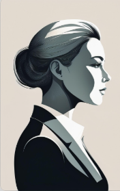 Black-and-white illustration of a woman in profile with a formal outfit and hair in a bun.