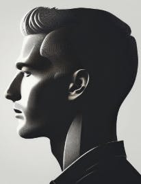 Stylized profile drawing of a man with intricate line textures in grayscale.