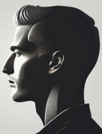 Stylized profile drawing of a man with intricate line textures in grayscale.