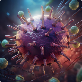 A colorful, artistic representation of the West Nile Virus with spike proteins, floating in a dynamic, vibrant background.