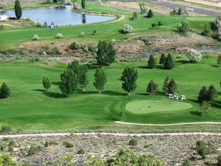 Aerial view of a golf course with green fairways, scattered trees, a pond, and golf carts near a putting green.