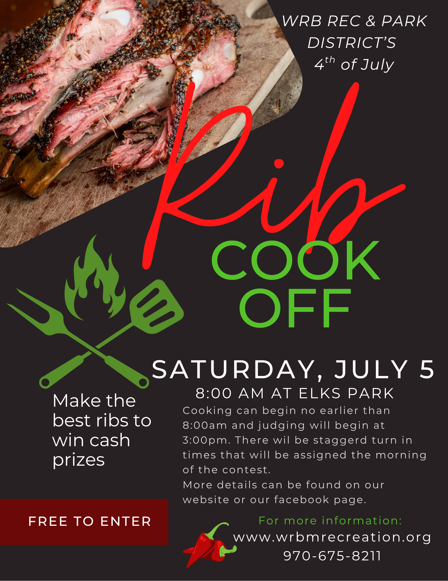 Rib Cook-Off on July 5 at Elks Park. Free entry. Cooking starts 8 AM, judging at 3 PM. Win cash prizes. More info at wrbmrereation.org.