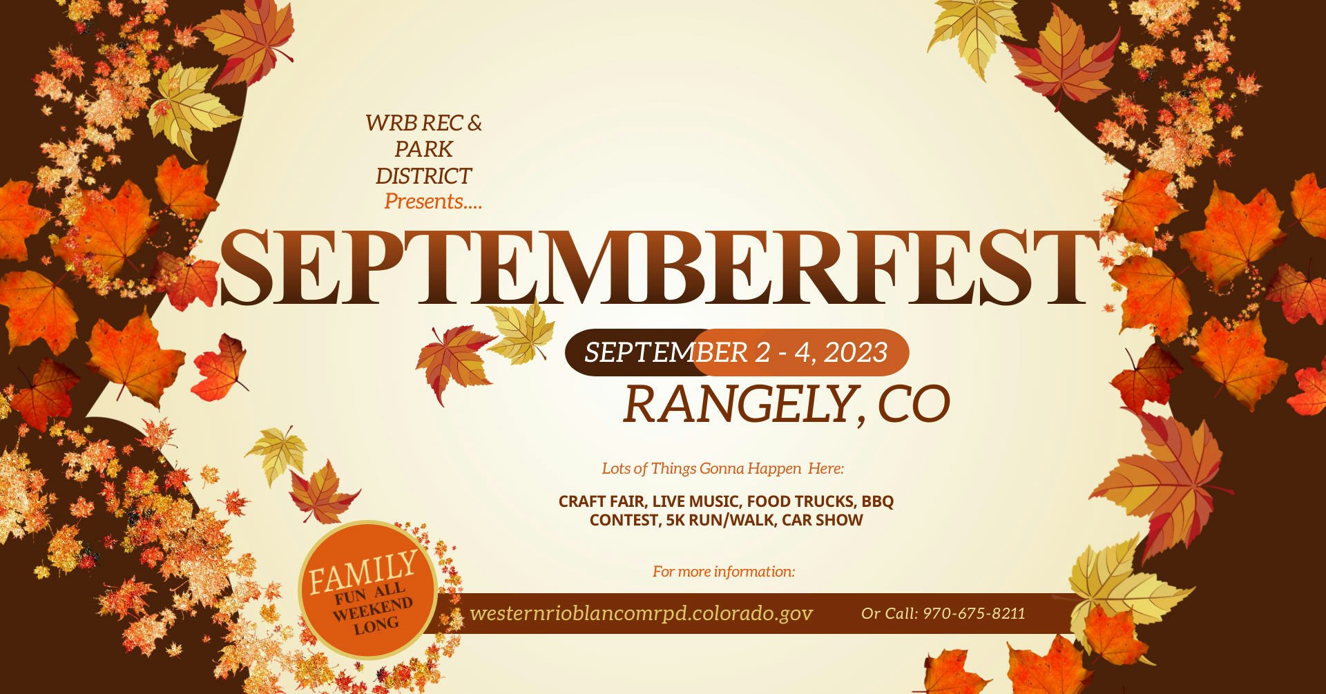 Septemberfest flyer for Rangely, CO, Sep 2-4, 2023: craft fair, music, food, BBQ, 5K, car show. Family fun all weekend.