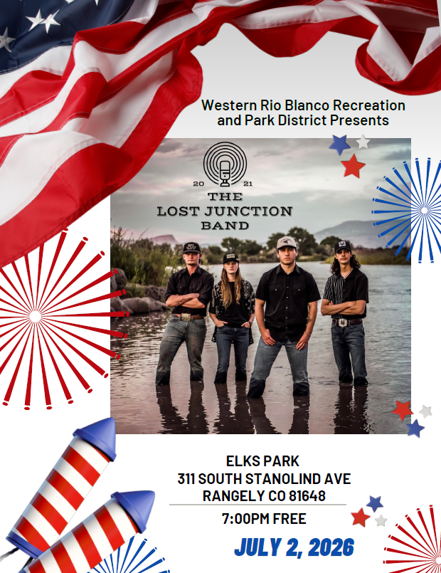 Advertisement for a free concert by The Lost Junction Band on July 2, 2026, at Elks Park, Rangely, CO.