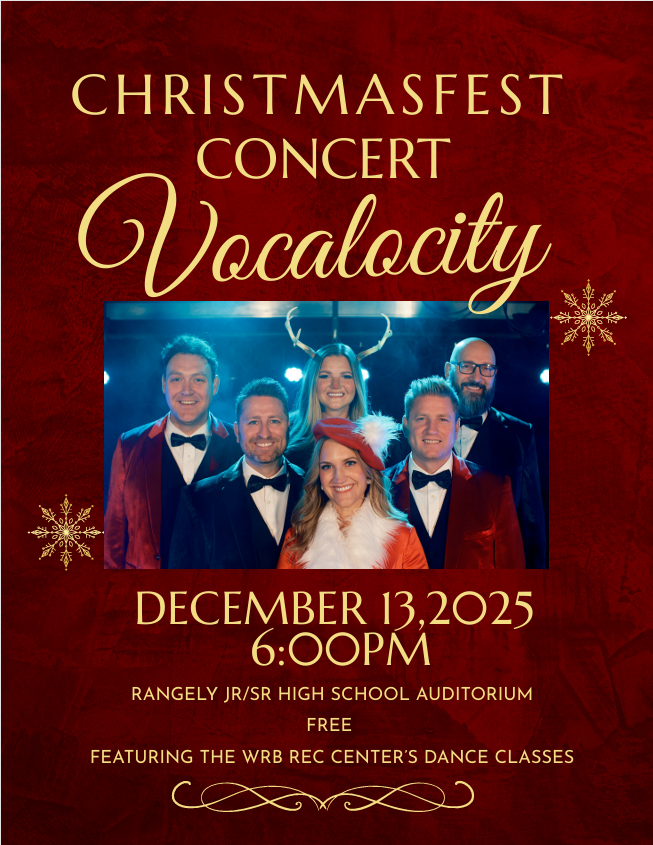 The image promotes a free Christmas concert, "Vocalocity," on December 13, 2025, at Rangely Jr/Sr High School Auditorium.