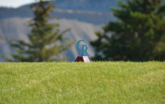 A golf tee marker on a grassy field with "CR" letters, trees, and mountains in the background.