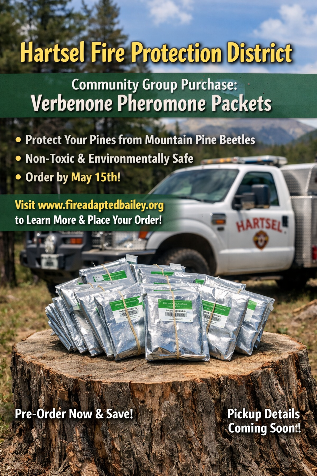 Hartsell Fire Protection District offers verbeneone pheromone packets to protect pines from beetles. Order by May 15th!
