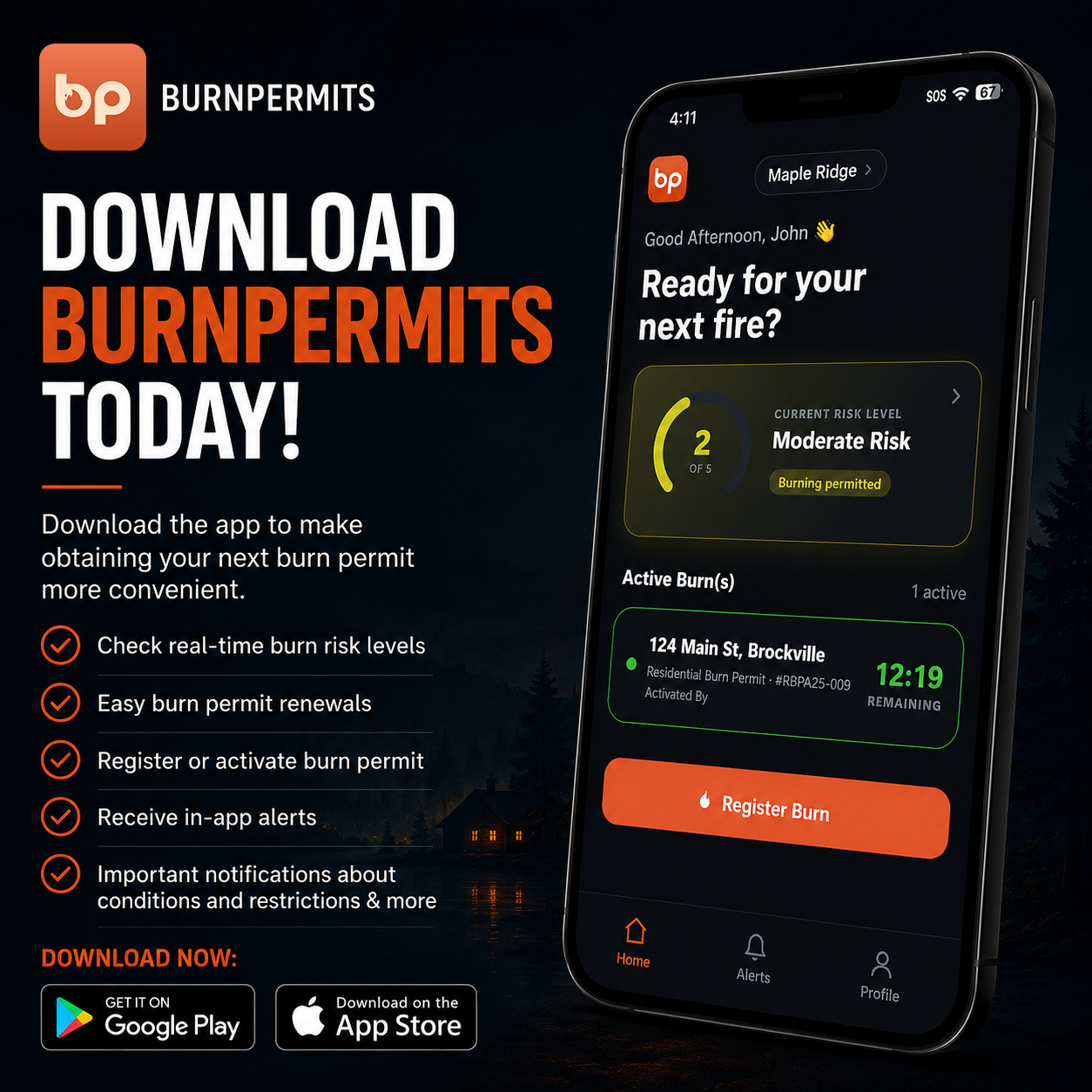 An advertisement for the BurnPermits app, allowing users to manage burn permits, check risk levels, and receive alerts.