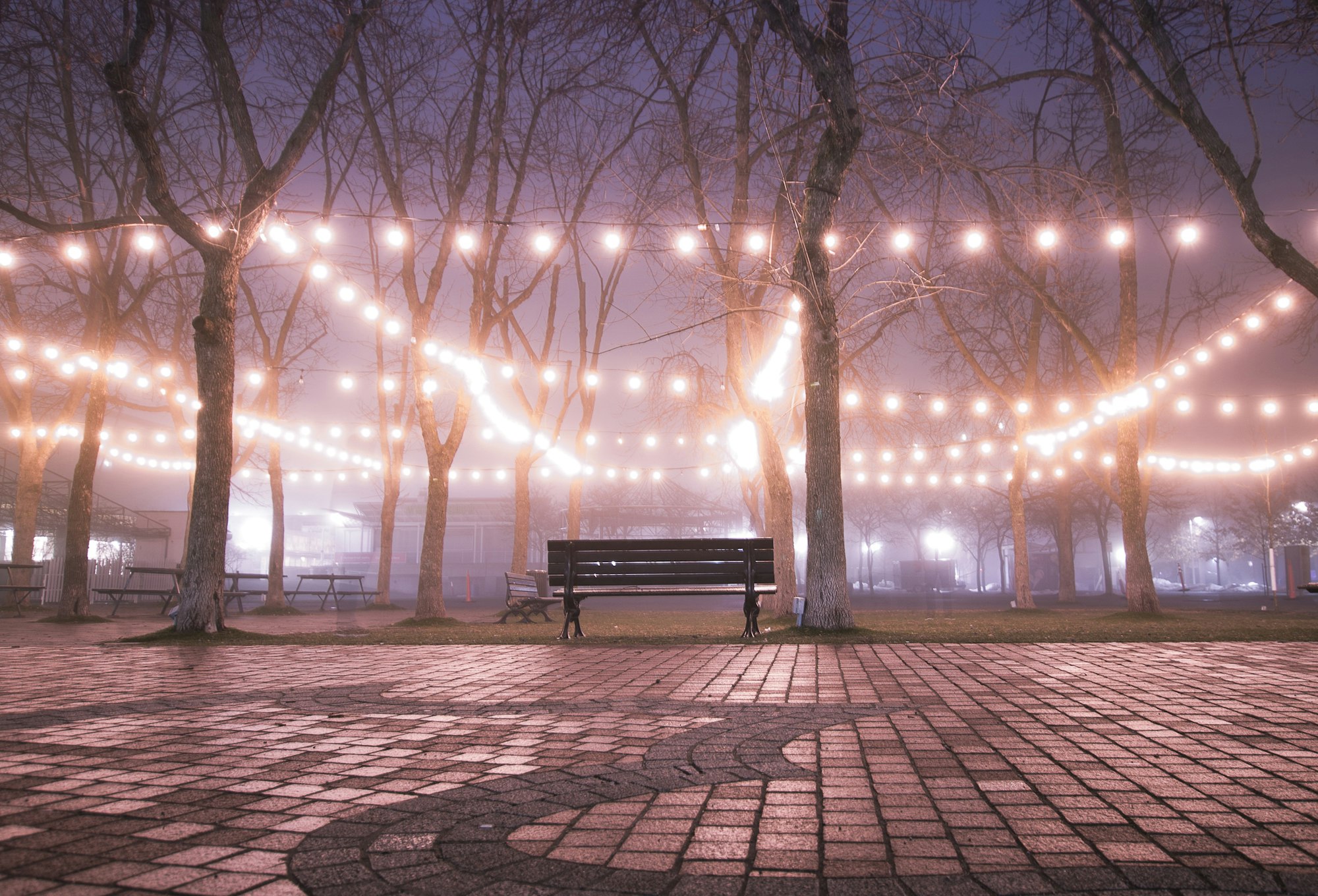 May contain: path, lighting, bench, furniture, walkway, road, desk, table, city, cobblestone, and flagstone