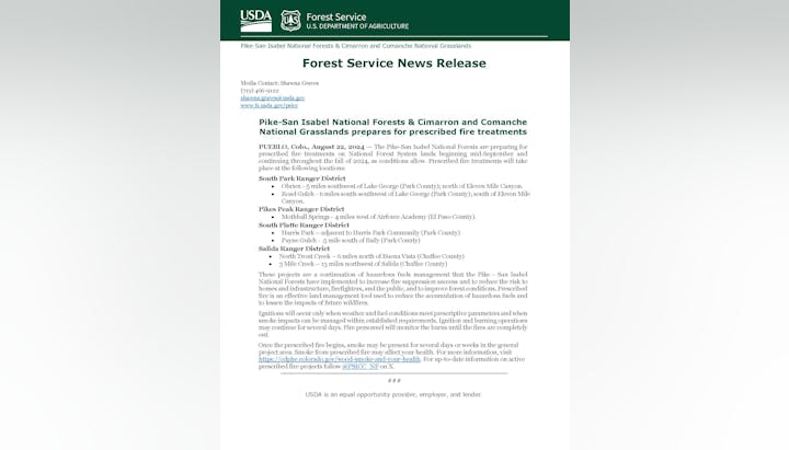 US Forest Service news release about prescribed fire treatments in Pike-San Isabel National Forests and surrounding areas, dated August 22, 2024.