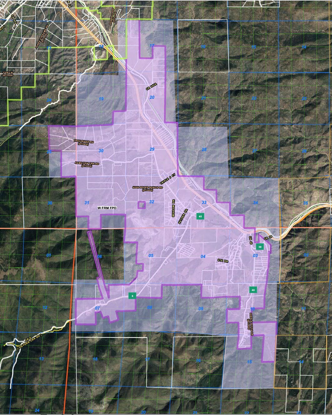 Aerial map with overlaid grid, Western Fremont Fire Protection District boundaries, geographic information systems (GIS), includes marked points/areas.WESTERN FREMONT FIRE PROTECTION DISTRICT Map Information & Description _____________________________________________ NORTH BOUNDARY T.48N- R.11E - SECTIONS 17, 19, 25, 29, 30, & 33 AND PORTIONS OF T47N. R11E. SECTIONS 3, 5, 6, 7 & 10 WEST BOUNDARY T.48N- R.11E - SECTIONS 17, 19, 20, 25, 31 T47N. R11E. SECTIONS 6,& 7 SOUTH BOUNDARY: PORTIONS OF T.48N- R.11E - SECTIONS 31 AND PORTIONS OF T47N. R11E. SECTIONS 4, 7, 8, 10 & 15. EAST BOUNDARY: PORTIONS OF T.48N- R.11E - SECTIONS 17, 20, 29 & 33 AND PORTIONS OF T47N. R11E. SECTIONS 3, 10 & 15. ALL OF T.48N- R.11E - SECTIONS 29 & 30; T.48N- R.11E - SECTION 4 PORTIONS OF U.S. HIGHWAY 50, COUNTY ROAD 45 RUN THROUGH THE DISTRICT. COUNTY ROADS WITHIN THE DISTRICT ARE: COUNTY ROAD 45, COUNTY ROAD 40, COUNTY ROAD 39, COUNTY ROAD 340A, COUNTY ROAD 6 ROADS INCLUDE: COUNTY ROAD 45, COUNTY ROAD 340A, GRANITE HILLS ROAD, HAMILTON CREEK ROAD, TRAIL RIDGE ROAD, HIGH PEAKS RANCH ROAD, MEADOW DRIVE. PINE EDGE DRIVE., HAYDEN DRIVE, HAYDEN CREEK ROAD (AKA COUNTY ROAD 6), YARBROUGH LANE, FOX CREEK DRIVE., ALTA VISTA ROAD, SANGRE DE CRISTO DRIVE., UTE DRIVE, ARROWHEAD LANE, WOLF’S HEAD DRIVE, COTTONWOOD CREEK ROAD (AKA COUNTY ROAD 40), DINKLE DITCH ROAD, POLE MOUNTAIN LANE, COUNTY ROAD 39 ARKANSAS RIVER RUNS THROUGH THE DISTRICT. HAMILTON CREEK, SHORT CREEK, HAYDEN CREEK, FOX CANYON CREEK, BIG COTTONWOOD CREEK, LITTLE COTTONWOOD CREEK, BUTTER CREEK