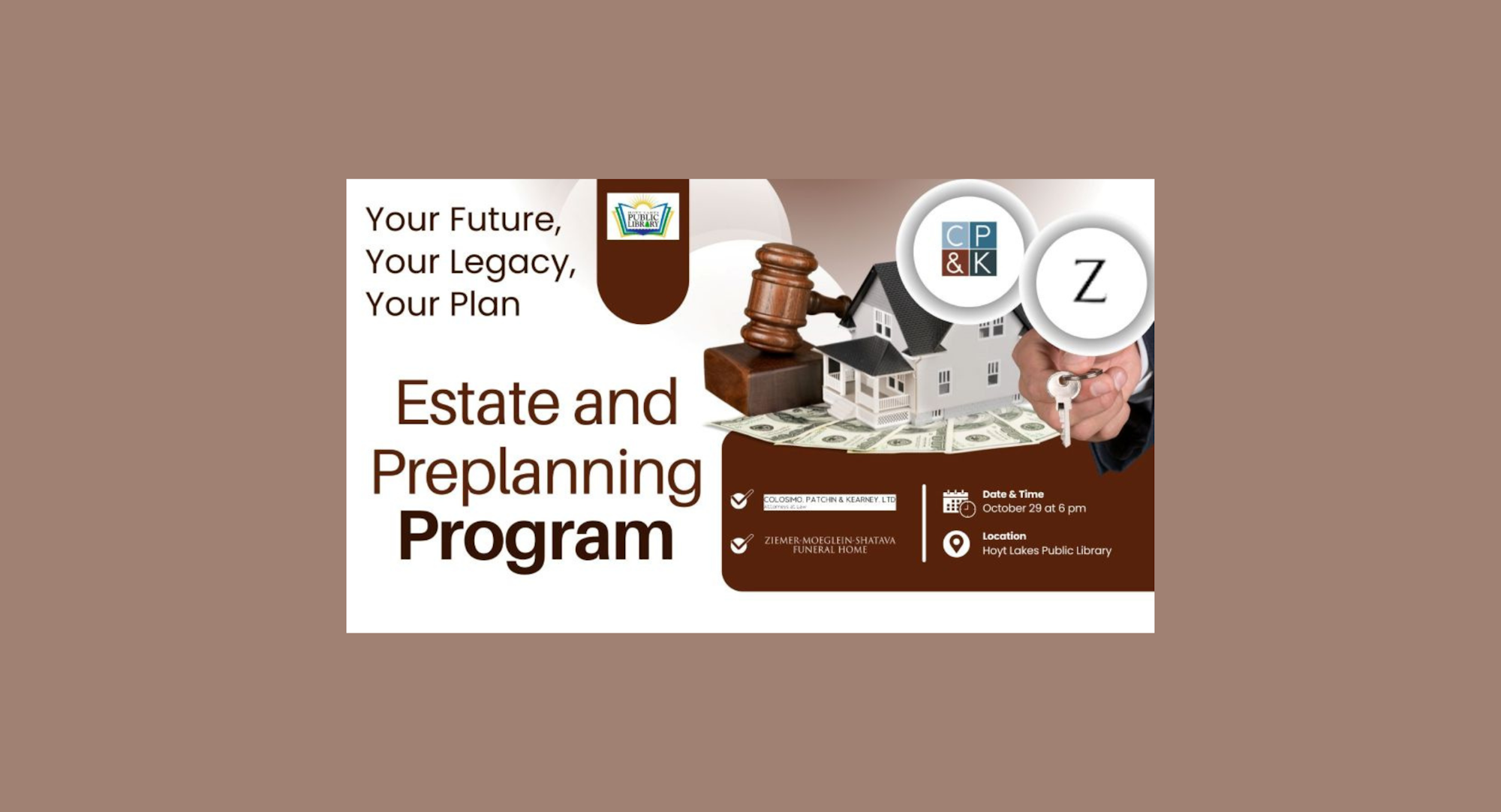 Estate and Preplanning Program ad with date and time, featuring a house, gavel, and keys.