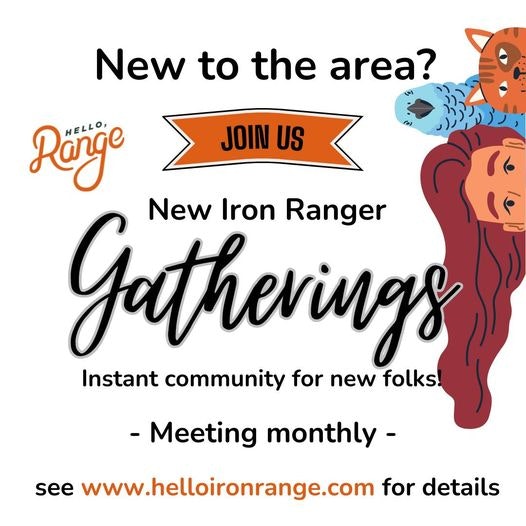 An ad inviting new residents to join "New Iron Ranger Gatherings," meeting monthly for community building, with a website for details.