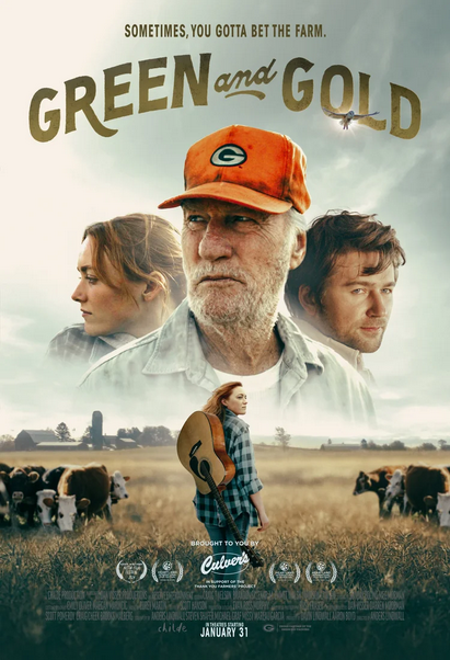 Movie poster for "Green and Gold" featuring three characters above a woman with a guitar, cows, and farmland.