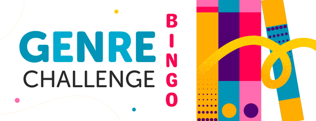Text reading "GENRE CHALLENGE BINGO" in a colorful, abstract design.