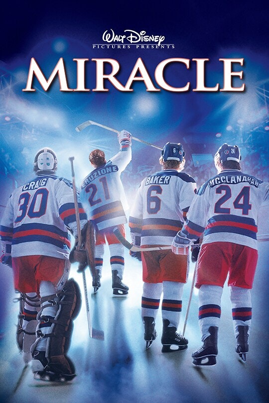 The image is a movie poster for "Miracle," depicting a hockey team celebrating a significant victory.