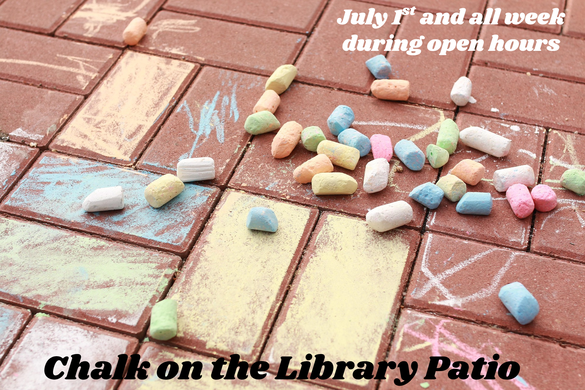 Colorful chalk scattered on a brick patio with event info text.