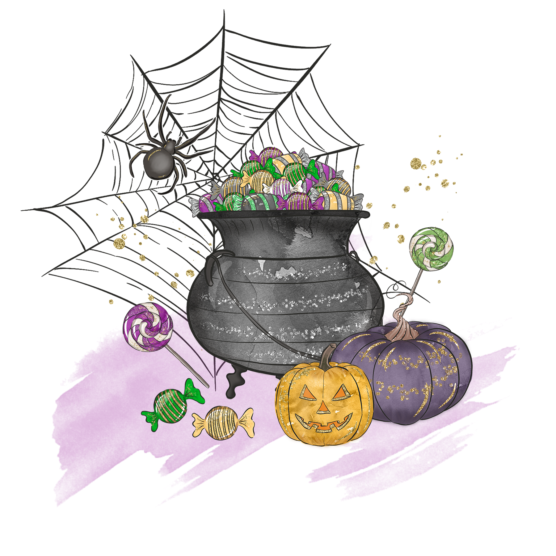 A cauldron full of candy, pumpkins, lollipops, and a spider web with a spider, all suggesting a Halloween theme.