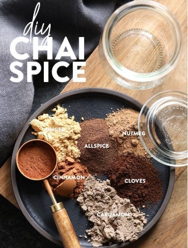 A plate with labeled chai spices: ginger, cinnamon, allspice, nutmeg, cloves, cardamom, plus a copper spoon and an empty jar.