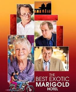 The image features a movie poster for "The Best Exotic Marigold Hotel," showcasing its main characters and a vibrant design.