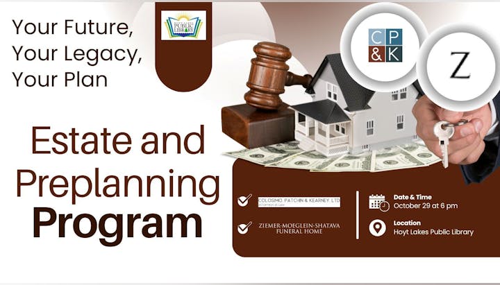 Estate planning program flyer with date, location, and organizer details.