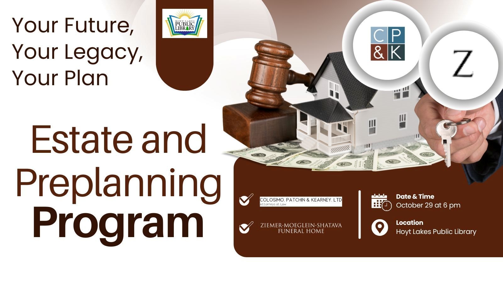 Estate planning program flyer with date, location, and organizer details.